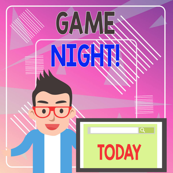 Word pisanie tekstu Game Night. Koncepcja biznesowa na ogół nazywa się na dorosłych dat zabaw, takich jak poker z przyjaciółmi Mężczyzna głośnik Monitor z narzędzia wyszukiwania na ekranie Prezentacja lub raport. - Zdjęcie, obraz