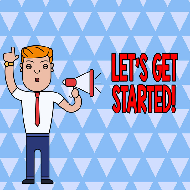 Conceptual hand writing showing Let S Get Started. Business photo text encouraging someone to begin doing something Man Standing with Raised Right Index Finger with Megaphone. - Fotoğraf, Görsel