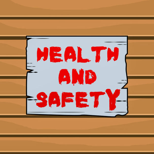 Εννοιολογικά χειρόγραφα που δείχνουν Υγεία και Ασφάλεια. Επαγγελματικές διαδικασίες φωτογραφικού κειμένου που αποσκοπούν στην πρόληψη ατυχημάτων στο χώρο εργασίας Ξύλινες σανίδες αυλακώσεις αυλακώσεις ξύλο πάνελ έγχρωμη ξυλεία πίνακα. - Φωτογραφία, εικόνα