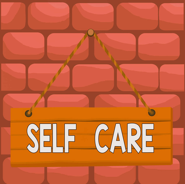 Kézírás szöveg Self Care. Koncepció jelentése a gyakorlat, hogy tegyen lépéseket, hogy javítsa az egyik s a saját egészség fa deszka körömcsap húr tábla színes háttér fa panel rögzített. - Fotó, kép