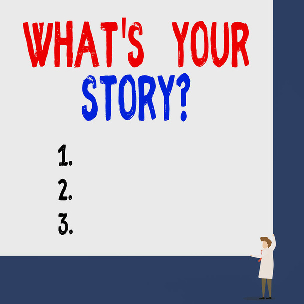 Conceptual hand writing showing What S Is Your Storyquestion. Business photo showcasing analysisner of asking demonstrating about past life events Professor wear white coat red tie hold board use two  - Photo, Image