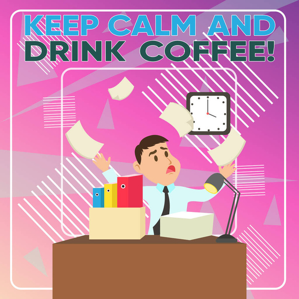 Word writing text Keep Calm And Drink Coffee. Business concept for encourage demonstrating to enjoy caffeine drink and relax Confused Male Employee Manager Cluttered Workspace Overflow Time Shortage. - Photo, Image
