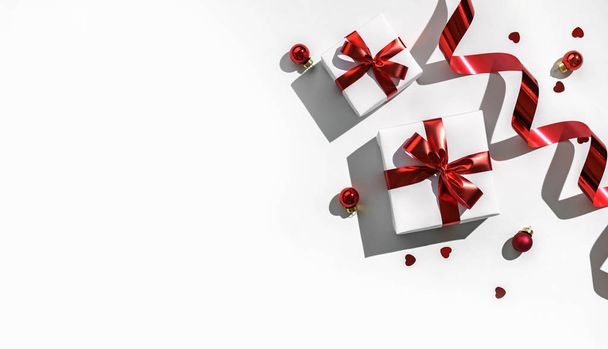 Cajas de regalo navideñas con cinta roja y decoración sobre fondo blanco con bokeh, luz. Navidad y Feliz Año Nuevo. Piso tendido, vista superior, sombra áspera - Foto, imagen