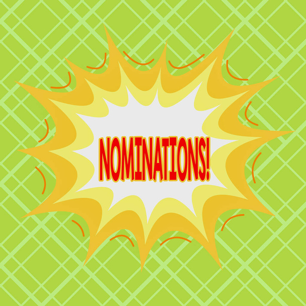 Text sign showing Nominations. Conceptual photo action of nominating or state being nominated for prize Asymmetrical uneven shaped format pattern object outline multicolour design. - Photo, Image