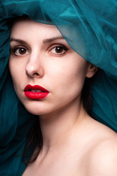 Young woman with red lipstick on her lips - Fotografie, Obrázek