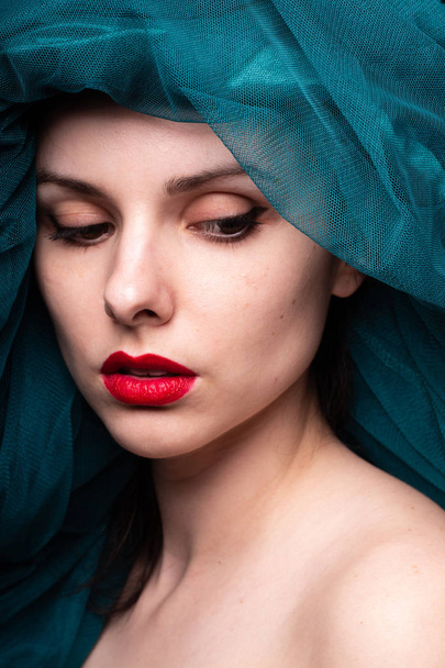 Young woman with red lipstick on her lips - Foto, Imagem