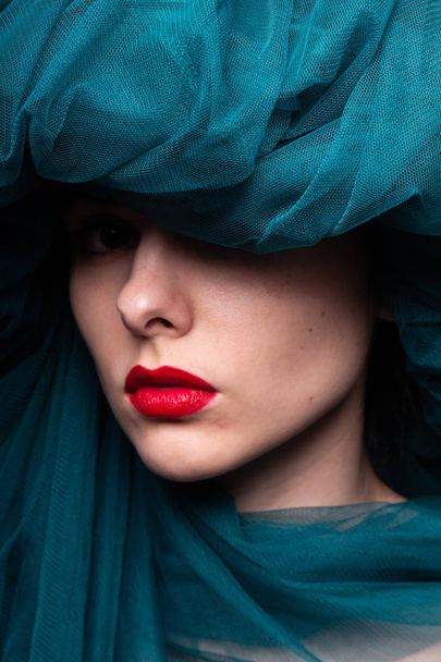 Young woman with red lipstick on her lips - Foto, Bild