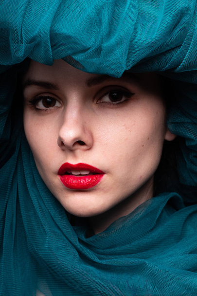 Young woman with red lipstick on her lips - Fotoğraf, Görsel