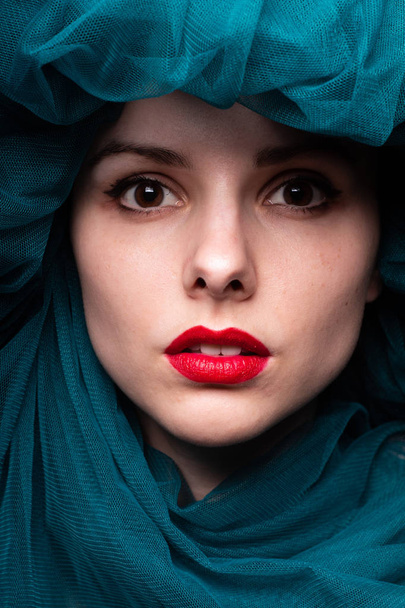 Young woman with red lipstick on her lips - Fotografie, Obrázek