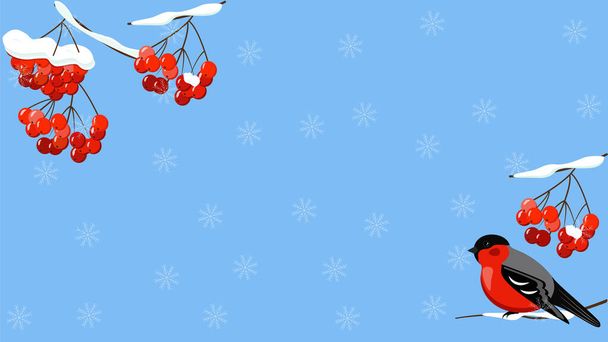 Background, frame - bullfinch and red berry in the snow on a blue background. Vector graphics - Vektor, kép