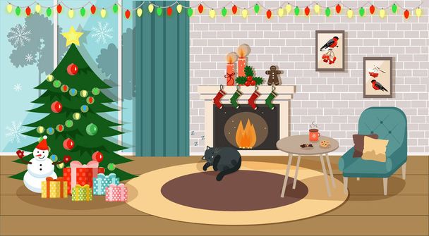 Christmas interior, room with Christmas tree and fireplace. Vector graphics - Vetor, Imagem