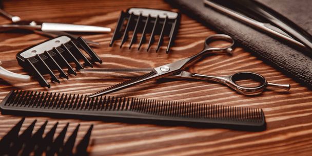 Barbershop background for men beauty salon, hairdresser tools scissors, razor, comb, copy space - Photo, Image