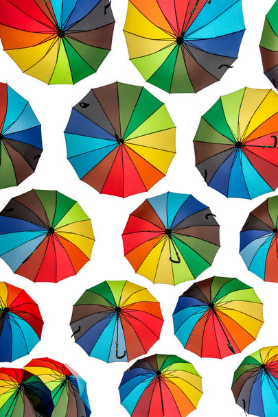 Birçok renkli şemsiye beyaz üzerinde yüzüyor. - Fotoğraf, Görsel