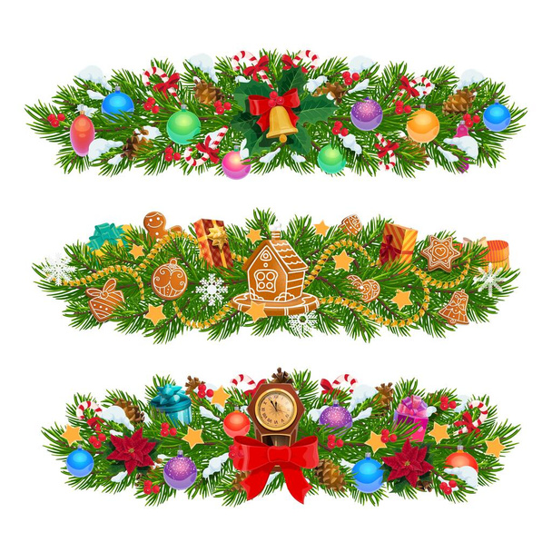 Christmas garlands of Xmas tree, gifts, presents - Vector, Image