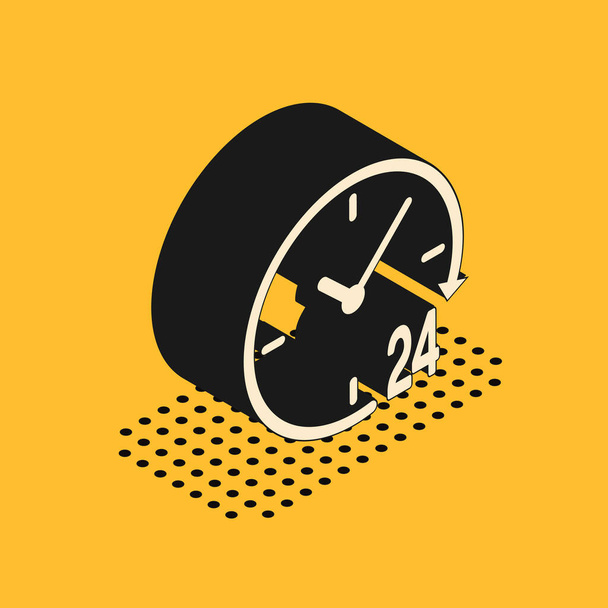 Isometrische klok 24 uur pictogram geïsoleerd op gele achtergrond. De hele dag cyclisch icoon. 24 uur service symbool. Vector Illustratie - Vector, afbeelding