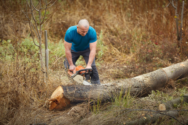 Silný dřevorubec s motorovou pilou, pracuje na kládách - Fotografie, Obrázek