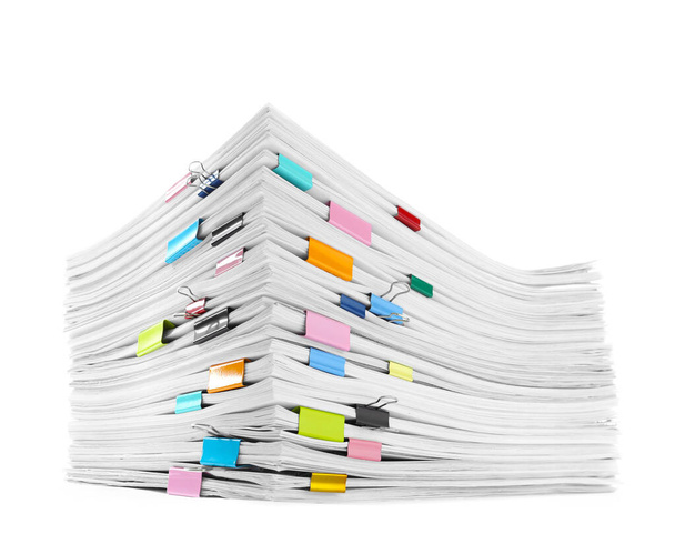 Stack of documents with colorful binder clips on white background - Photo, Image