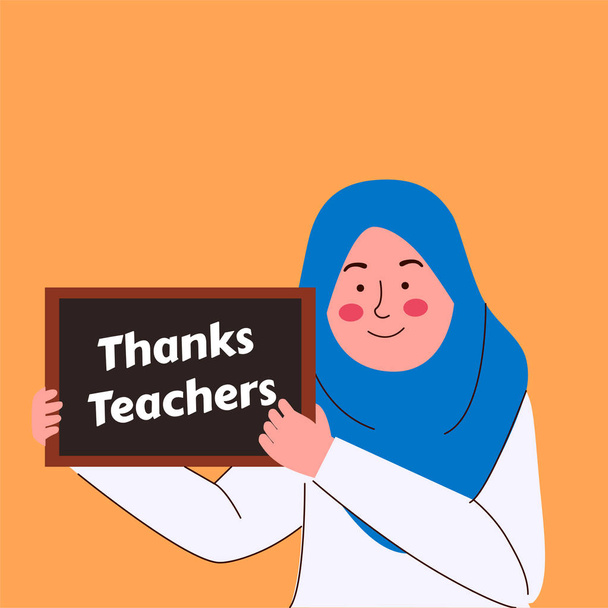 Little muslim girl held a sign saying thank teacher cute cartoon illustration - Vector, Image