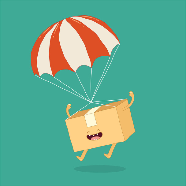 Funny delivery packaging box with parachute on green background. - Vector, Image