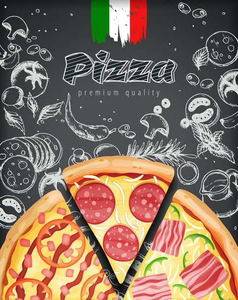 Anuncios de pizza italiana o menú con la ilustración ricos coberturas masa en estilo grabado tiza doodle fondo
. - Vector, Imagen