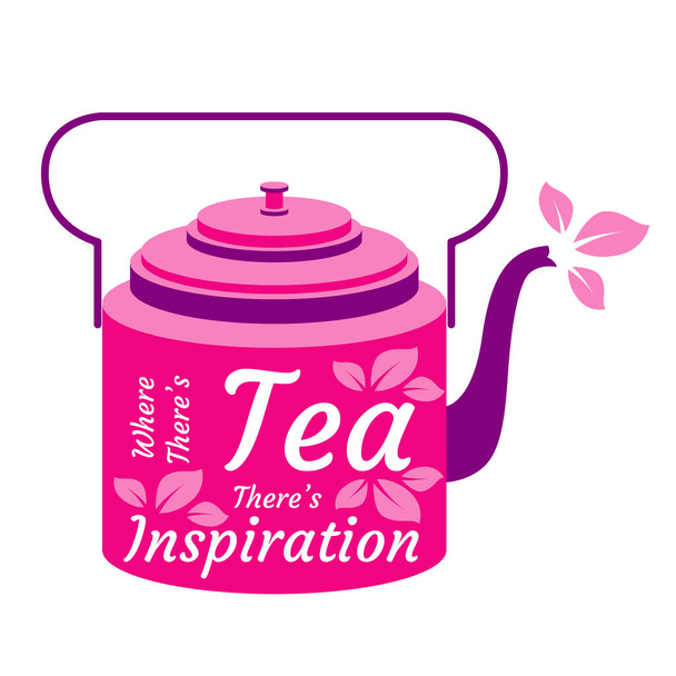 Международный день чая. Концепция сельскохозяйственного отдыха. Яркий ретро чайник. Письмо - Там, где чай есть вдохновение. Листья чая
. - Вектор,изображение