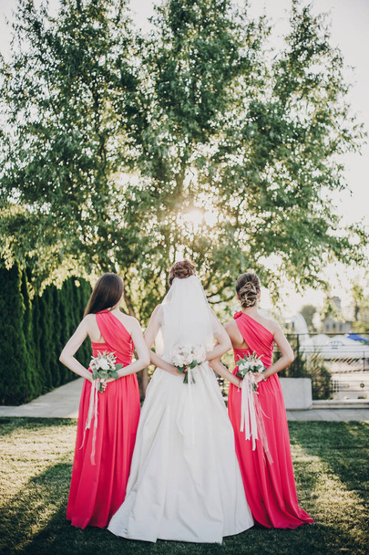 Πανέμορφη νύφη ποζάρει με παράνυφες σε ροζ φορέματα, κρατώντας  - Φωτογραφία, εικόνα