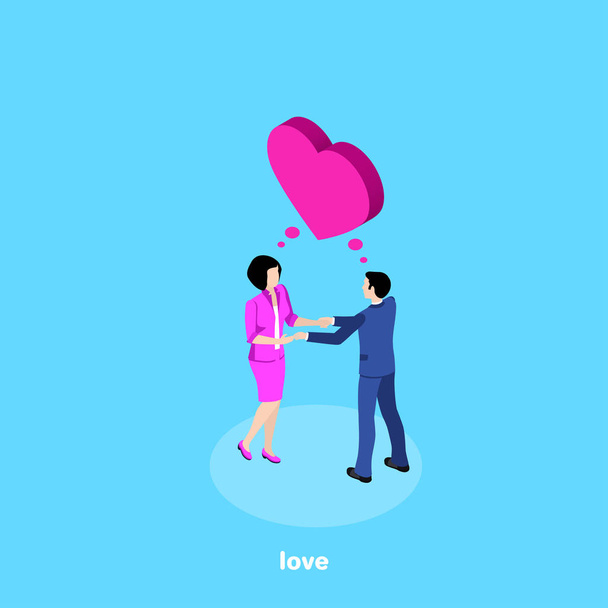 a man and a woman in business suits hold hands and above them is a big heart, an isometric image - Vector, Image
