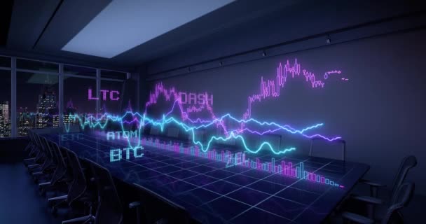 Intro de 13 sec, boucle de 10 sec. Crypto-monnaie Bitcoin Exchange trading Concept de jeu vidéo 4K. Graphiques animés Statistiques financières sur la table dans l'intérieur du bureau
.  - Séquence, vidéo