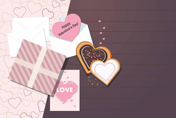 Tarjetas de San Valentín, sobres, regalos y galletas en forma de corazón. Vista superior. Día de San Valentín
.  - Vector, imagen