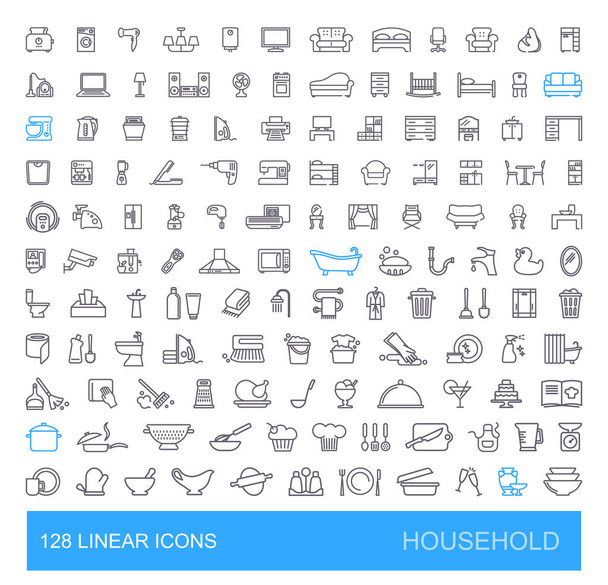 Wektorowe ikony na meblach, kuchni, sprzątaniu, sprzęcie gospodarstwa domowego i sprzęcie. 128 liniowych ikon domowych. - Wektor, obraz