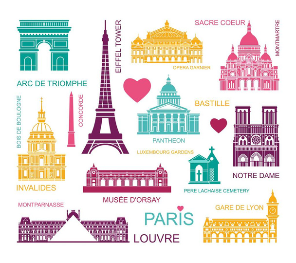 Αρχιτεκτονικά και ιστορικά αξιοθέατα του Παρισιού. Σύνολο χρωμάτων υψηλής ποιότητας εικονίδια - Διάνυσμα, εικόνα