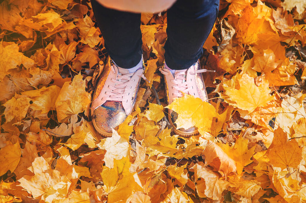 Niños en el parque con hojas de otoño en zapatos. Enfoque selectivo
. - Foto, Imagen