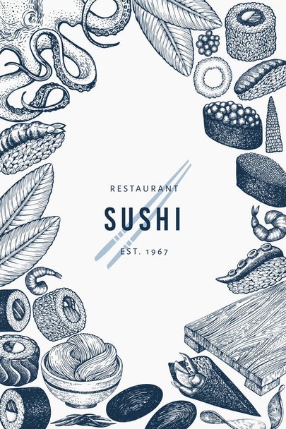 Japanese cuisine banner template. Sushi hand drawn vector illust - Διάνυσμα, εικόνα