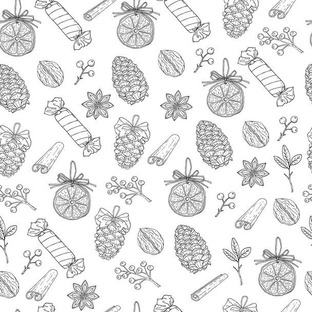 Christmas seamless pattern. Hand drawn botanical vector illustration. Cones, berries, orange, star anise, cinnamon. Holiday decor. - Vektör, Görsel