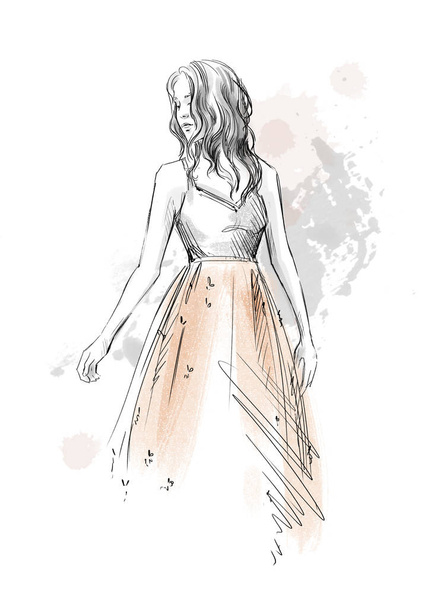 Moda çizimi. Romantik elbiseli kız, kalem çizimi. - Fotoğraf, Görsel