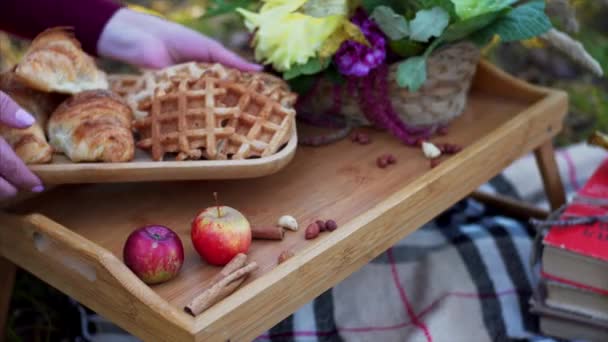 Unbekannte stellen Tablett mit frischen belgischen Waffeln und französischen Croissants für Picknick im herbstlichen Wald - Filmmaterial, Video