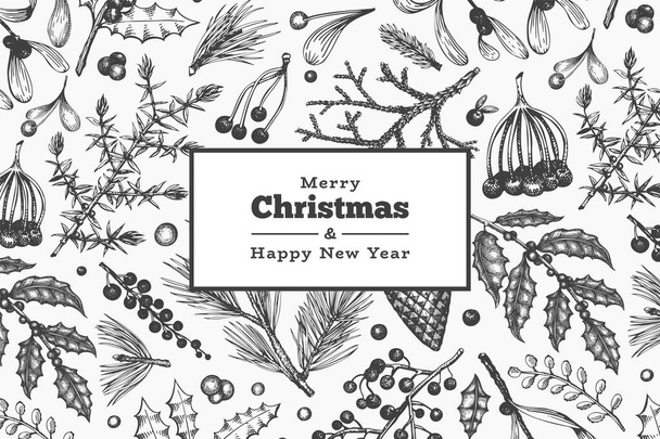 Christmas hand drawn vector greeting card template. Vintage styl - Vector, Image