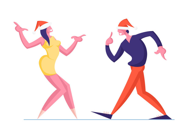 Pareja de hombres y mujeres en Santa Sombreros Danza aislada sobre fondo blanco. Gente feliz bailando en fiesta corporativa o de casa Vacaciones de año nuevo o celebración de Navidad Evento Dibujos animados Vector plano Ilustración
 - Vector, imagen
