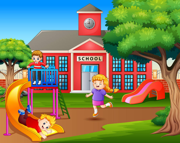 Niños de dibujos animados jugando en el patio de la escuela
 - Vector, Imagen