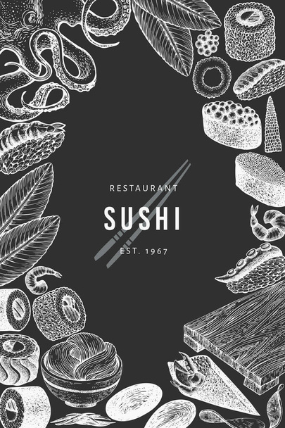 Japanese cuisine design template. Sushi hand drawn vector illust - Vetor, Imagem
