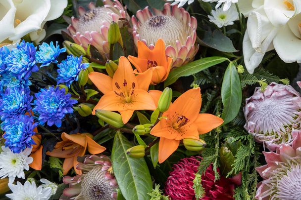 Краса флористичне прикраса з різнокольоровими тропічними квітами
  - Фото, зображення