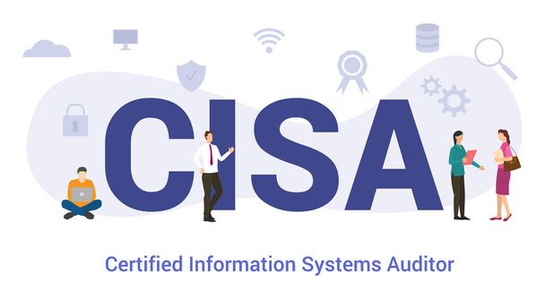 cisa認証された情報システムの監査人の概念と大きな単語やテキストと現代のフラットスタイルのチームの人々 -ベクトル - ベクター画像