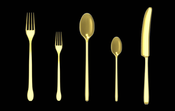 3d rendering. golden Forks Spoon and Knife silverware with clipping path isolated on black background. - Photo, Image