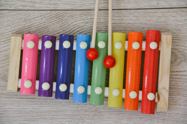 Bright xylophone close up isolated on wooden background. Musical instrument for children. Beautiful montessori materials - Photo, Image
