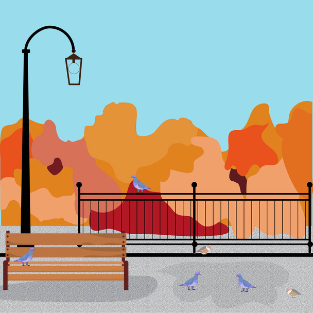 Autumn landscape street lamp bench and pigeons, lattice in the Park - Vector, imagen