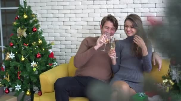 Happy white couple drinking Christmas holiday celebration - Záběry, video