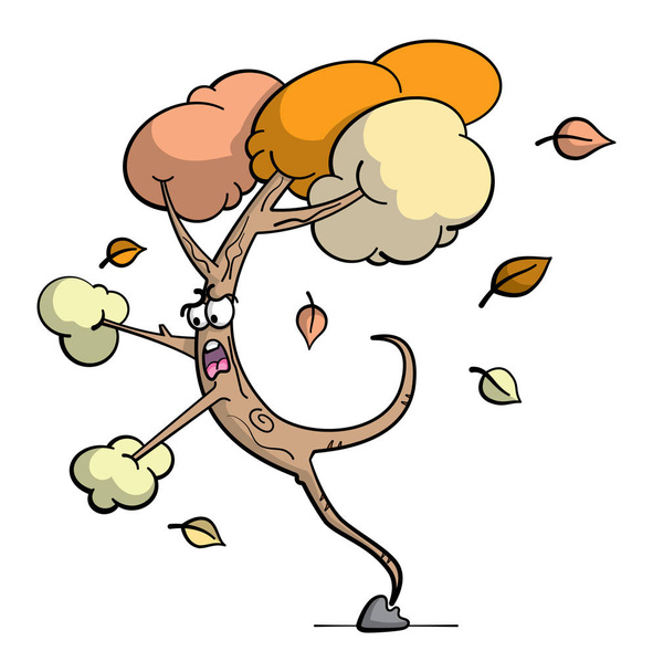 Ilustración estilo de dibujos animados de un personaje divertido árbol tropezando y cayendo sobre una piedra. Un árbol cayendo. Juego de palabras con otoño y otoño. Hojas de color otoño
. - Vector, Imagen