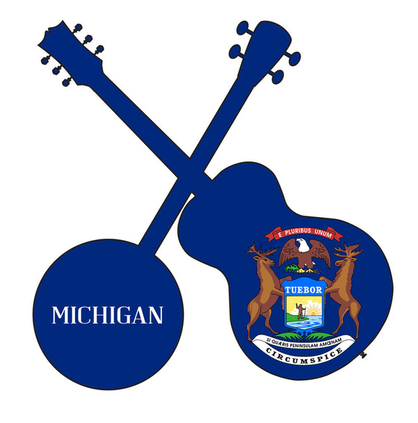 Michigan State Flag Banjo és Guitar Silhouette - Vektor, kép