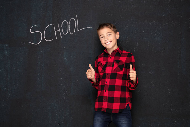 Teenage boy in checkered shirt over black chalk board. - 写真・画像