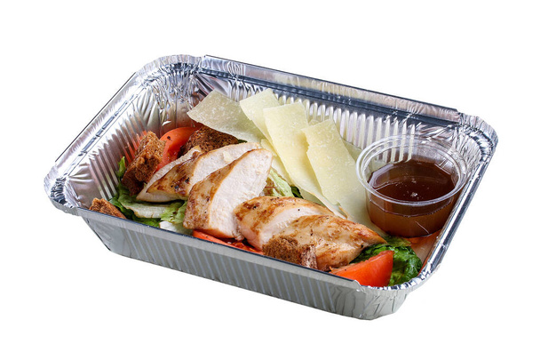 Healthy food background. Take away of natural organic meals in foil boxes. - Photo, image